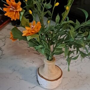 White Birch Wood Vase with Orange Wildflower Stems
